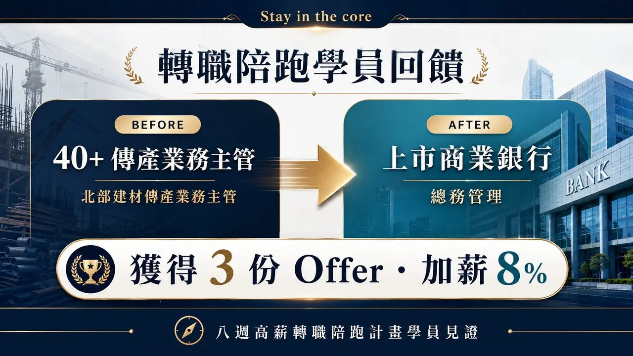 轉職陪跑學員回饋|40+ 傳產業務主管轉進上市商業銀行,獲得 3 份 Offer、加薪 8%
